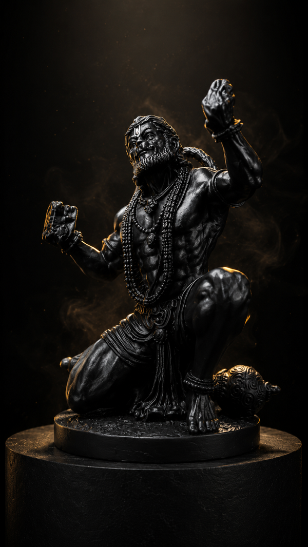 Bajrangbali Hanuman Ji Idol – Black Matte Finish | Premium Resin Murti for Car Dashboard, Home Temple & Office Desk (4.5 Inch)