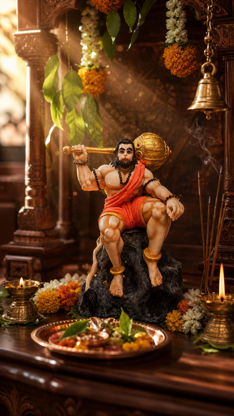Lord Hanuman Ji Idol Sitting on Rock with Gada | Premium Resin Bajrang Bali Murti for Home Temple, Car Dashboard & Office Desk | Spiritual Decorative Showpiece (19 cm)